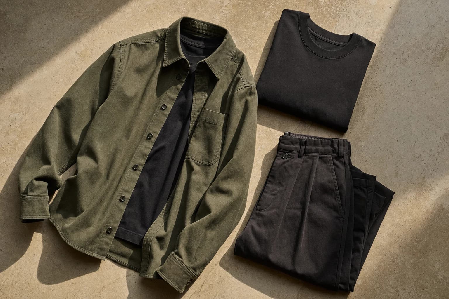 Olive overshirt, black tee, and dark trousers arranged on stone
