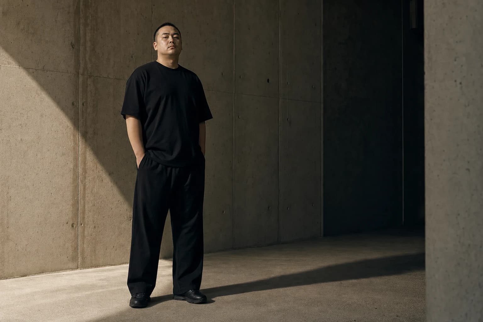 Man in a black tee standing in a concrete space